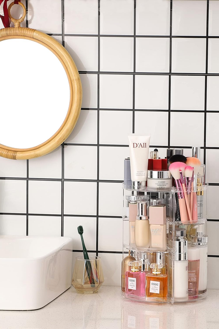 Clear Rotating Makeup Organizer for Vanity,Adjustable Skincare Organizer Counter