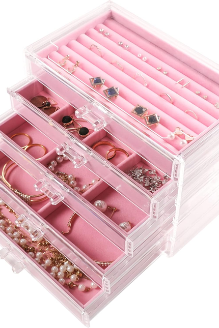 Frebeauty Extra Large Acrylic Jewelry Box for Women Girls 5 Layers Clear Velvet 
