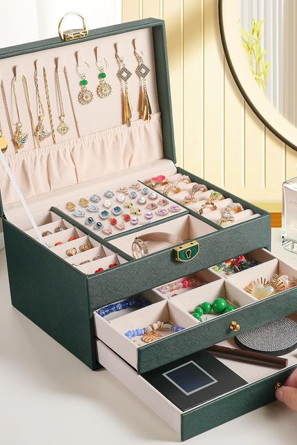 3 Layer Jewelry Box, Lockable Jewelry Holder Organizer with Jewelry Drawer, Larg