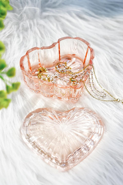 Glass Heart Shaped Jewelry Box Candy Dish with Lid Ring Earring Trinket Storage 