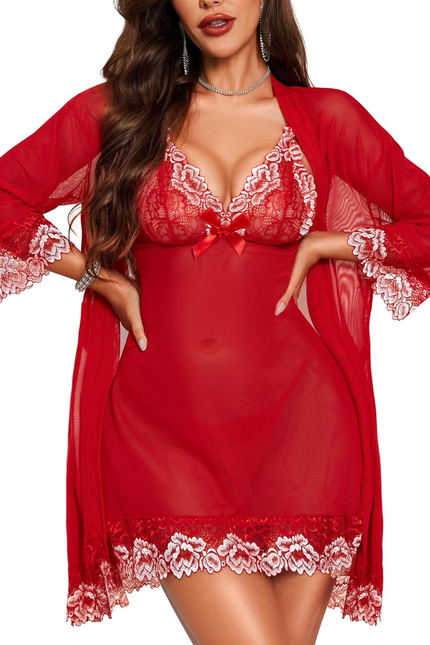 Women's Sexy 3 Piece Lingerie Set ,Lace Kimono Robe & Babydoll Chemise Nightgown