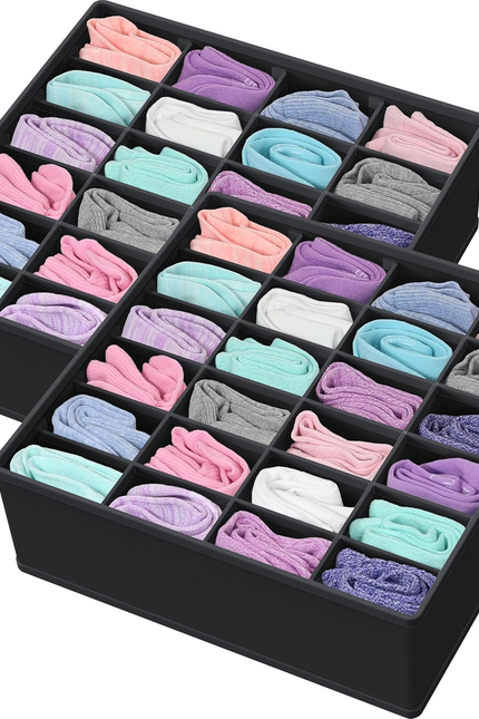 2 Pack Closet Sock Organizer, 24 Cell Drawer Divider, Gray