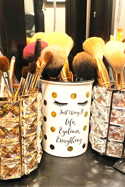  Makeup Brush Holder Organizer Golden Crystal Bling Personalized Gold Comb Brush