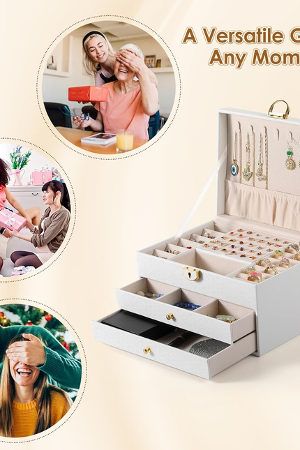 3 Layer Jewelry Box, Lockable Jewelry Holder Organizer with Jewelry Drawer, Larg