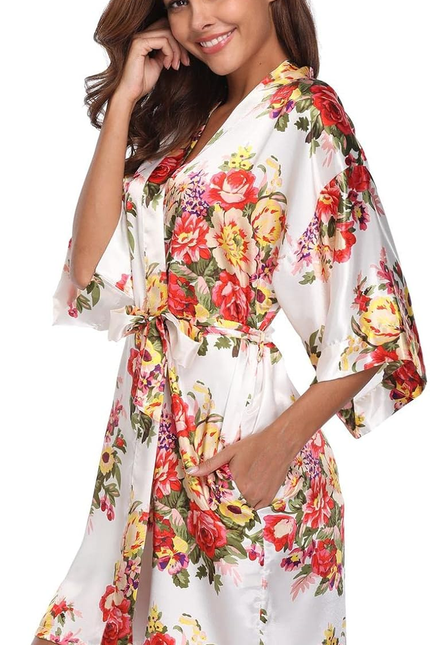 Women Floral Robes Bridesmaids Short Satin Kimono Sleepwear for Wedding Party