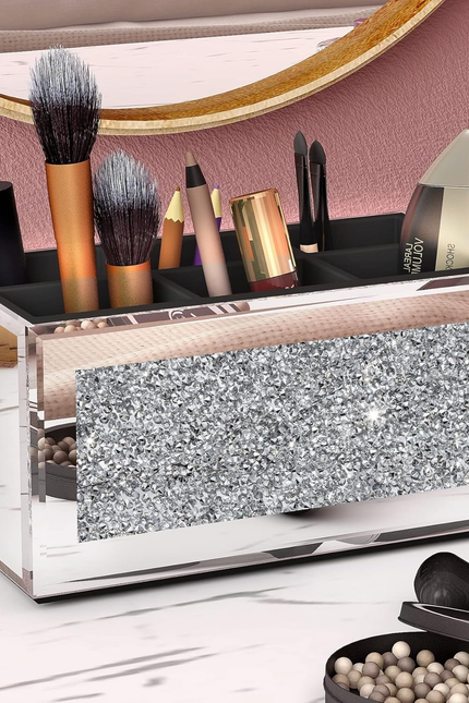 SHYFOY Mirrored Makeup Brush Holder Organizer, 3 Slot Glass Cosmetics Brushes St