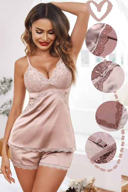 Women Sleepwear Satin Pajamas Set Lace Camisole Shorts Nightwear