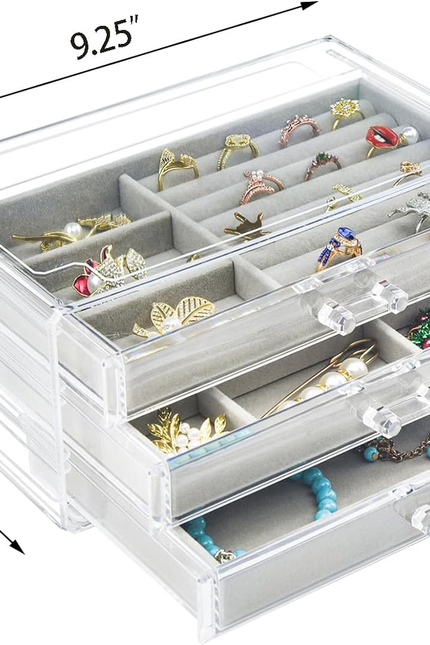 Acrylic Jewelry Box 3 Drawers, Velvet Jewellery Organizer, Earring Rings Necklac
