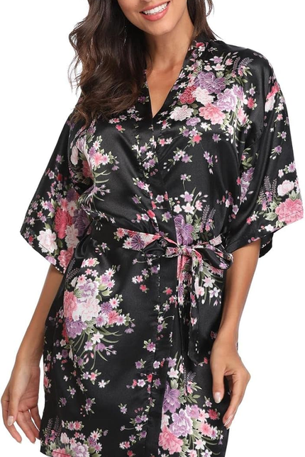 Women Floral Satin Kimono Robes Short Bridesmaid Robe for Getting Ready Wedding 