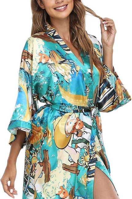 Women Floral Robes Bridesmaids Short Satin Kimono Sleepwear for Wedding Party