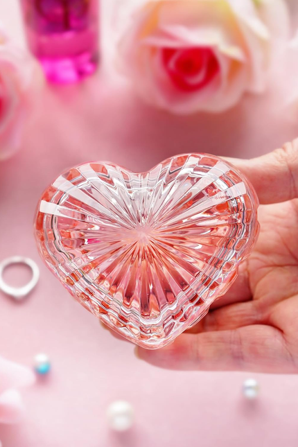 Glass Heart Shaped Jewelry Box Candy Dish with Lid Ring Earring Trinket Storage 