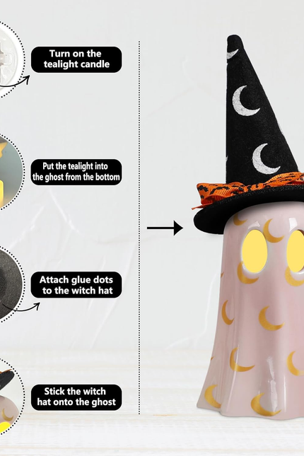 Halloween Decor Indoor, Set of 3 Ceramic Ghosts with Witch Hats, Cute Spooky Gho
