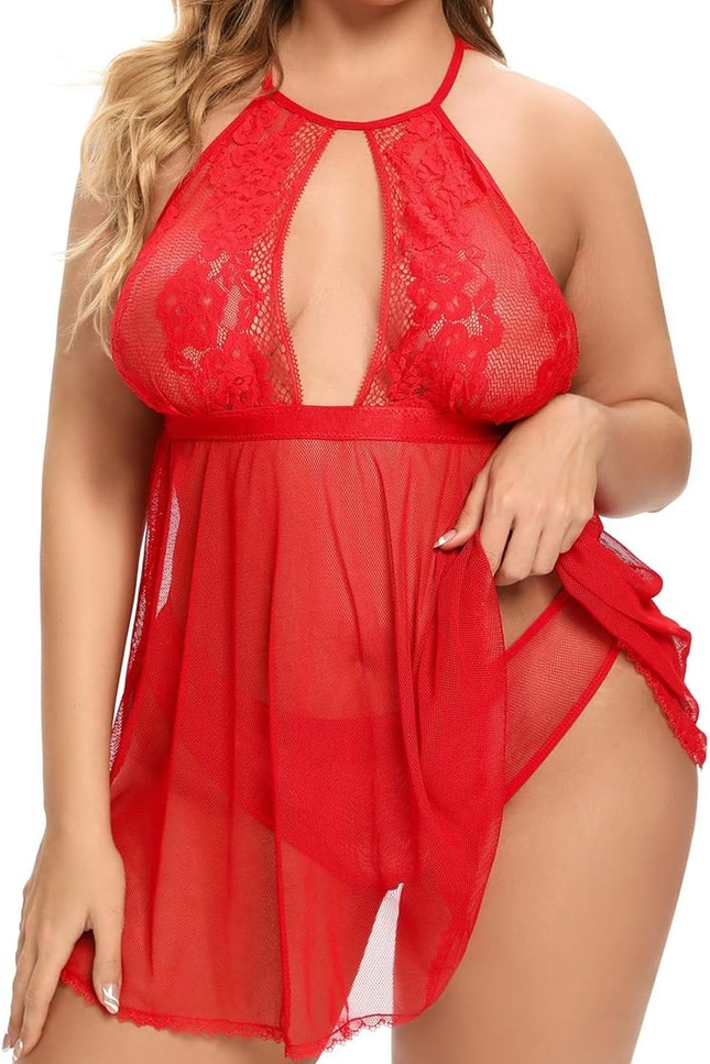 Plus Size Babydoll for Women - Sexy Halter Keyhole Lace Lingerie Set Sheer Mesh 
