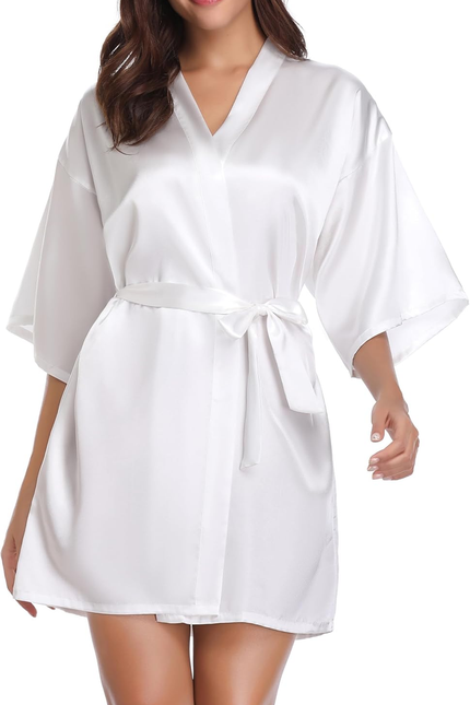 Womens Kimono Robes Dressing Gown Satin Bathrobe Nightdress Short Style Bridal R