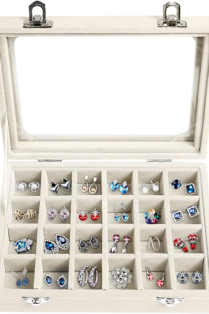 Jewelry Box 24 Grid Velvet Earrings Holder Tray Detachable Earring Case Jewelry 