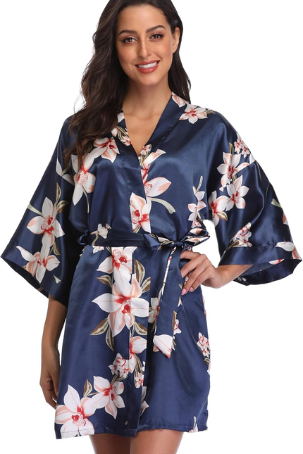 Women Floral Robes Bridesmaids Short Satin Kimono Sleepwear for Wedding Party
