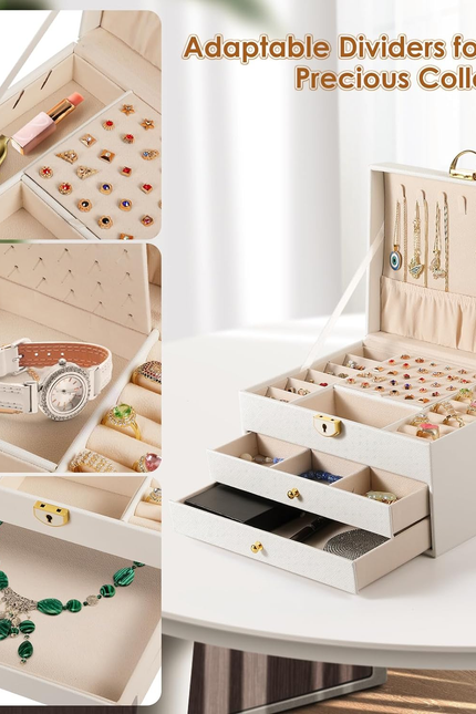 3 Layer Jewelry Box, Lockable Jewelry Holder Organizer with Jewelry Drawer, Larg