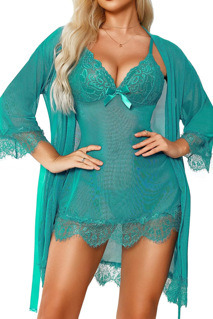 Women's Sexy 3 Piece Lingerie Set ,Lace Kimono Robe & Babydoll Chemise Nightgown