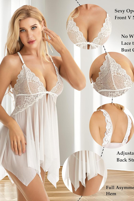 Lingerie for Women Front Closure Babydoll Lace Chemise V Neck Mesh Sleepwear