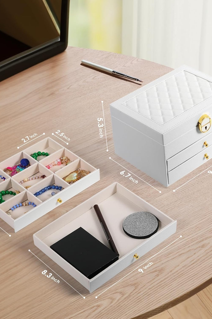3 Layer Jewelry Box, Lockable Jewelry Holder Organizer with Jewelry Drawer, Larg