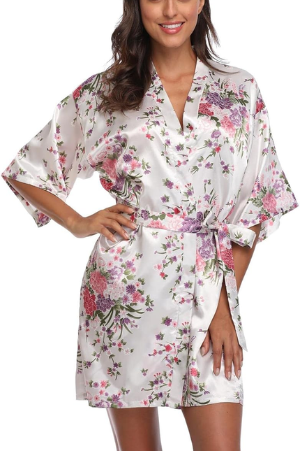 Women Floral Satin Kimono Robes Short Bridesmaid Robe for Getting Ready Wedding 
