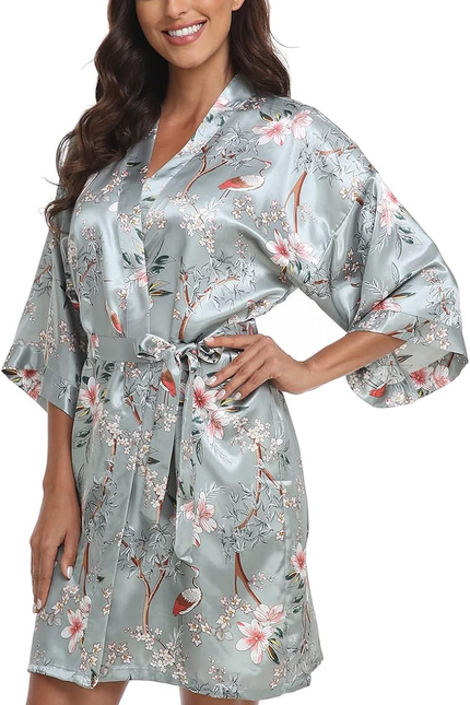 Women Floral Robes Bridesmaids Short Satin Kimono Sleepwear for Wedding Party