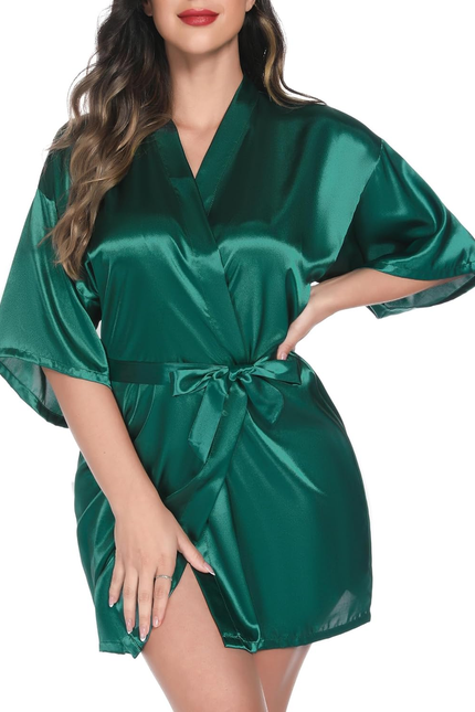 Womens Kimono Robes Dressing Gown Satin Bathrobe Nightdress Short Style Bridal R