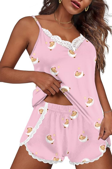Pajama Sets for Women Lingerie Sleepwear 2 Piece Cami Split Short Set V Neck Lac