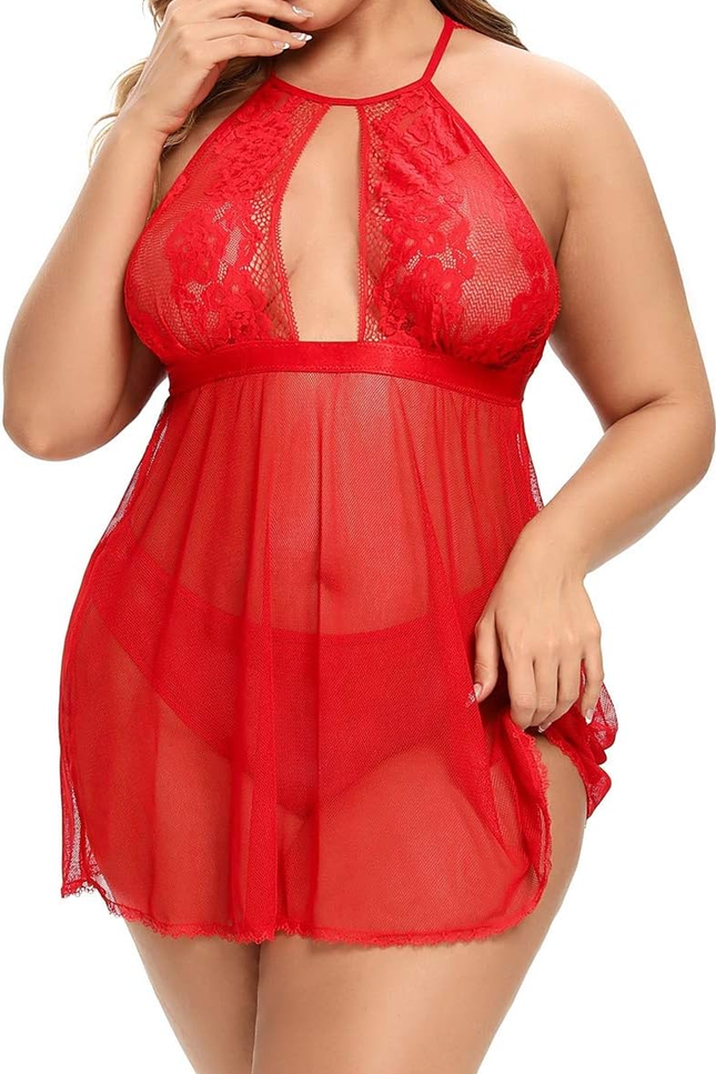 Plus Size Babydoll for Women - Sexy Halter Keyhole Lace Lingerie Set Sheer Mesh 