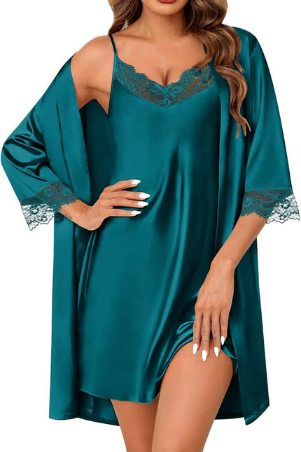 Women's Satin Robe & Cami Nightgown Set - 2 Piece Lace Pajamas Nightwear