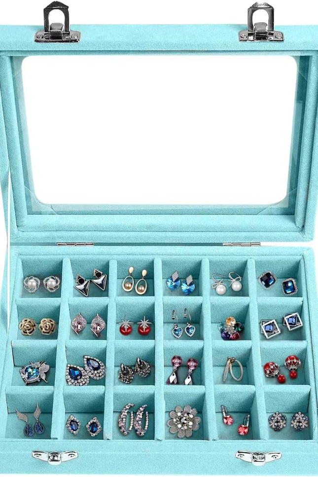 Jewelry Box 24 Grid Velvet Earrings Holder Tray Detachable Earring Case Jewelry 