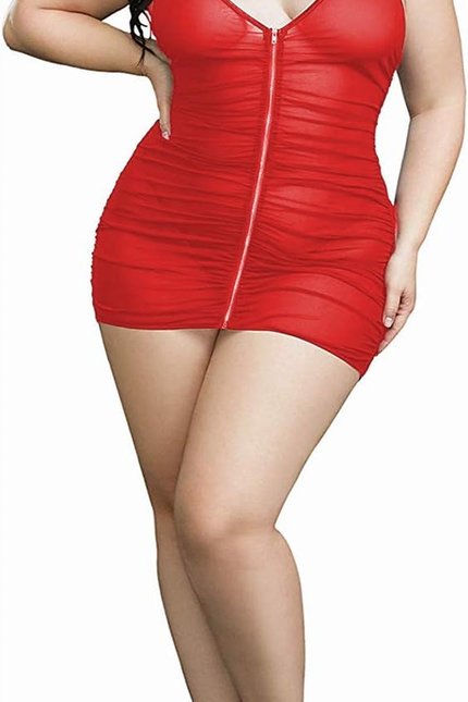 Plus Size Sheer Stretch Mesh Babydoll Dress Zipper Shirring Halter Chemise Curvy