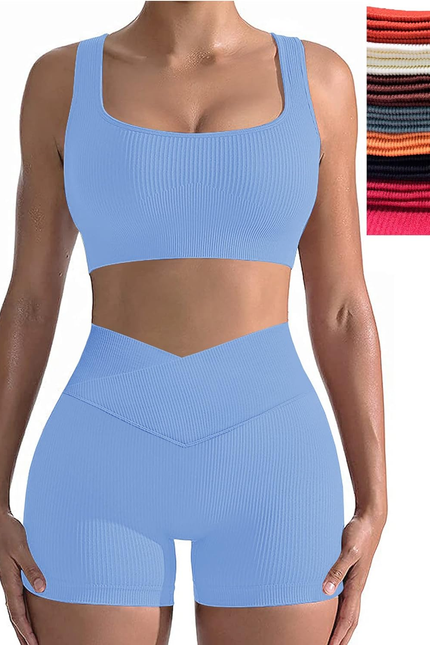 Workout Sets for Women Two Piece Sexy Summer Sports Bra and Crossover Shorts Mat