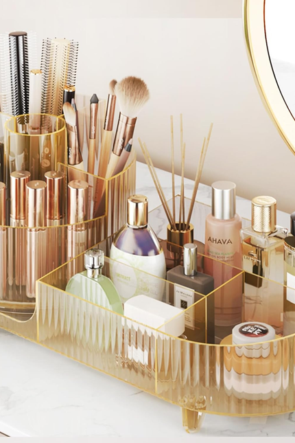 360° Rotating Vanity Makeup Organizer with Brush Holder, Large Spinning Cosmetic