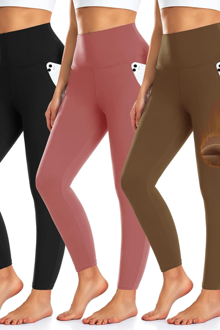 3 Pack Fleece Lined Leggings Women with Pockets -Warm Winter Yoga Pants for Wome