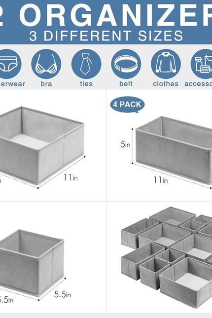 12-Pack Drawer Organizer Bins – Foldable Closet & Dresser Dividers for Clothes