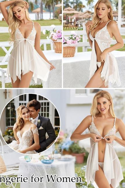 Lingerie for Women Front Closure Babydoll Lace Chemise V Neck Mesh Sleepwear