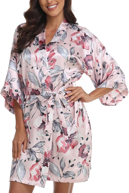 Women Floral Robes Bridesmaids Short Satin Kimono Sleepwear for Wedding Party