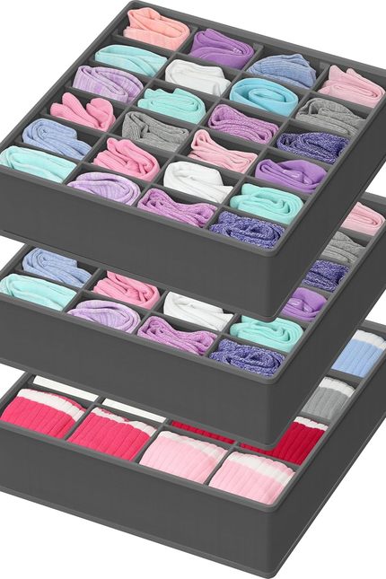 2 Pack Closet Sock Organizer, 24 Cell Drawer Divider, Gray