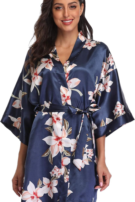 Women Floral Robes Bridesmaids Short Satin Kimono Sleepwear for Wedding Party