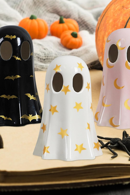 Halloween Decor Indoor, Set of 3 Ceramic Ghosts with Witch Hats, Cute Spooky Gho