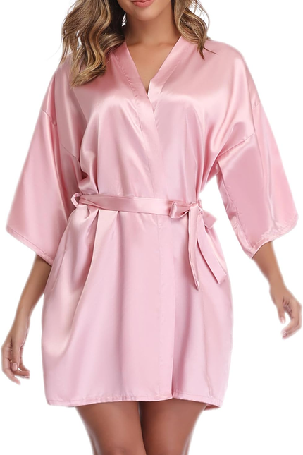 Womens Kimono Robes Dressing Gown Satin Bathrobe Nightdress Short Style Bridal R