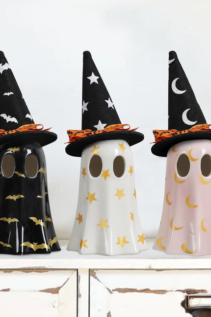 Halloween Decor Indoor, Set of 3 Ceramic Ghosts with Witch Hats, Cute Spooky Gho