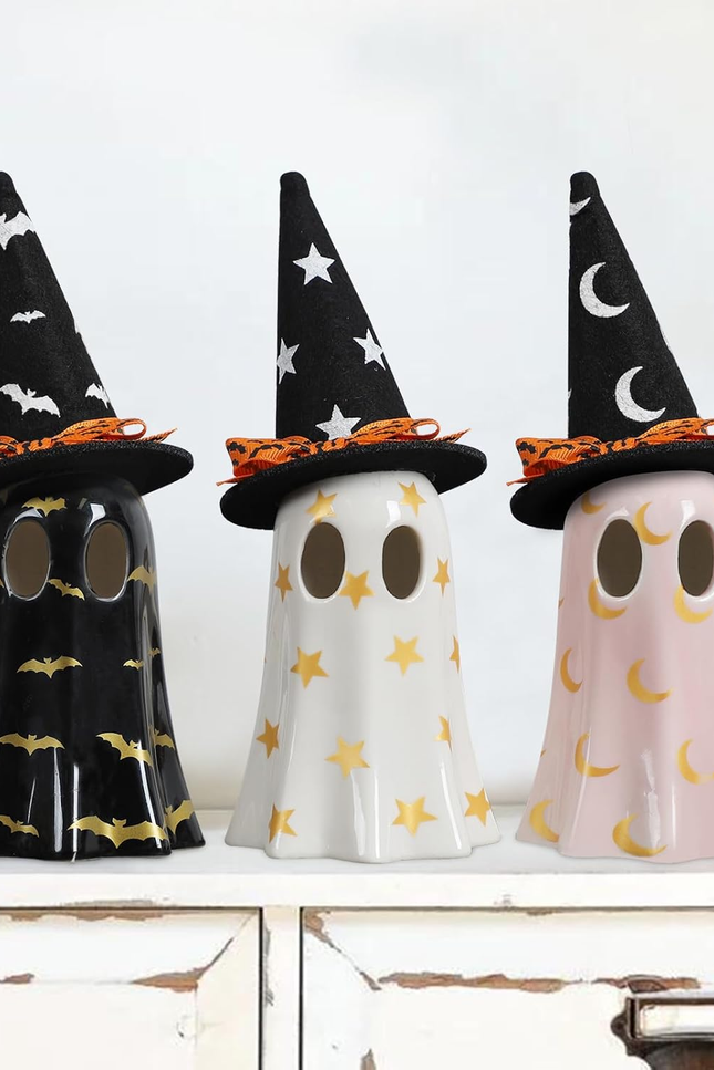 Halloween Decor Indoor, Set of 3 Ceramic Ghosts with Witch Hats, Cute Spooky Gho