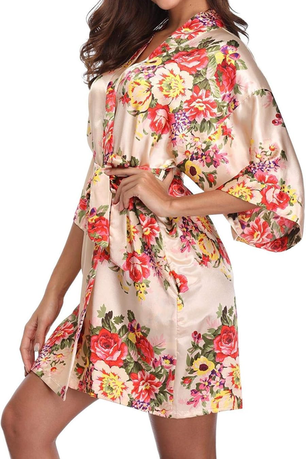 Women Floral Robes Bridesmaids Short Satin Kimono Sleepwear for Wedding Party