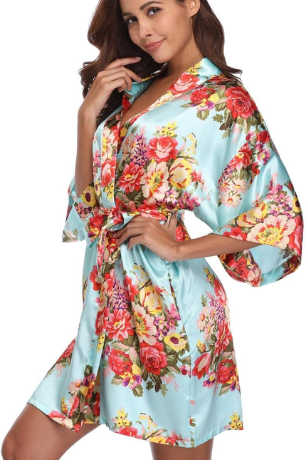 Women Floral Robes Bridesmaids Short Satin Kimono Sleepwear for Wedding Party