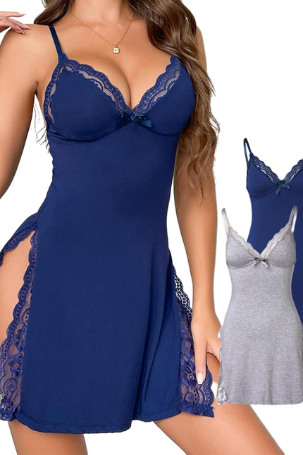 CHICME Women'S Lace Trim Side Slit Modal Cami Sleep Dress Loungewear Sexy Night 