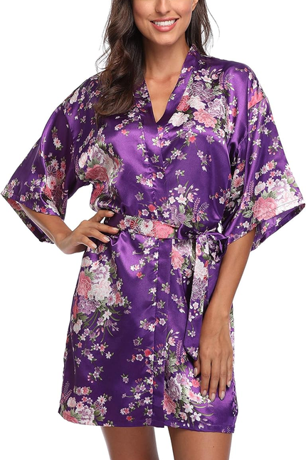 Women Floral Satin Kimono Robes Short Bridesmaid Robe for Getting Ready Wedding 