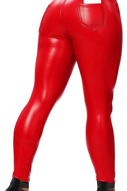 SEASUM Women'S Faux Leather Leggings Pants PU Elastic Shaping Hip Push up Black 