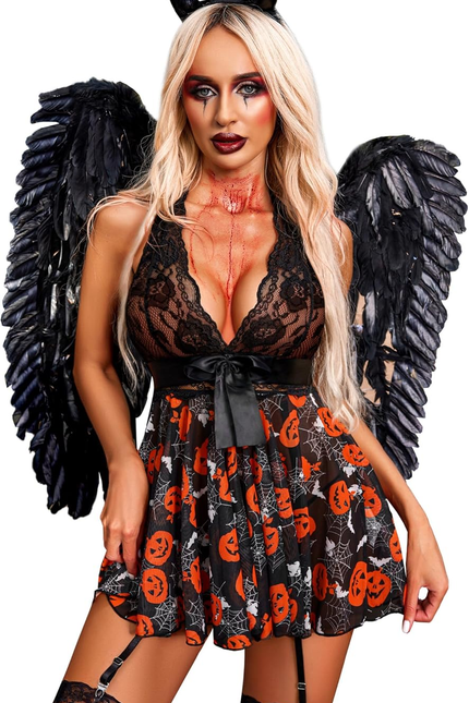 Lingerie for Women Lace Babydoll Chemise Halter V Sexy Sleepwear with Garter Bel